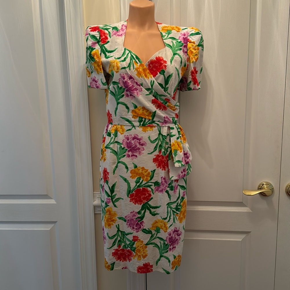 DAVID WARREN Embossed Cotton Jacquard White Floral Dress Sweetheart Neck Size 12